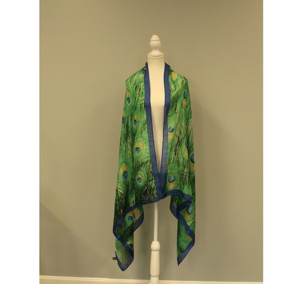 100% Silk Scarf Peacock Feathers Blue Green Beautiful 70x36 - Picture 8 of 9
